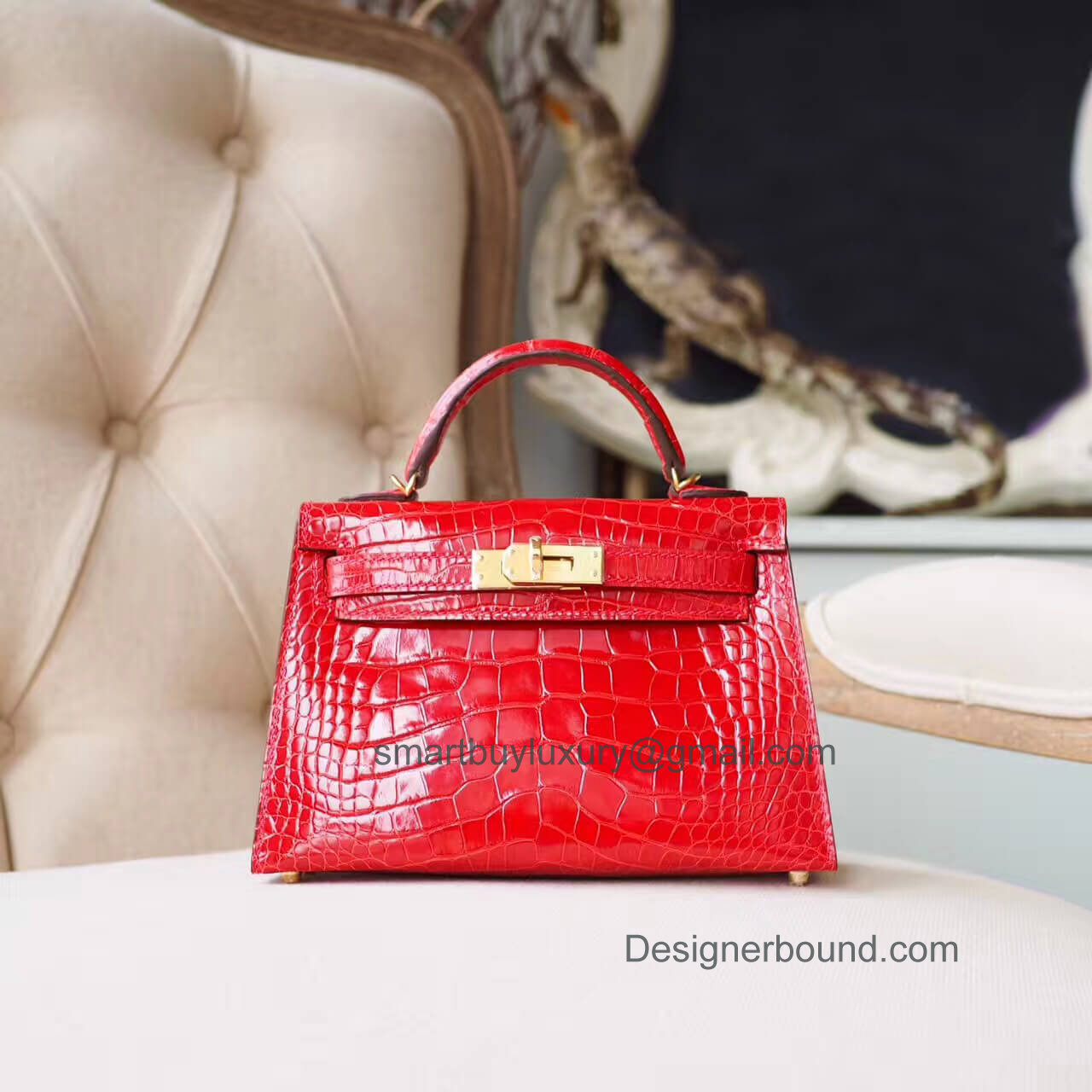 Hermes Mini Kelly II Bag in d5 Geranium Shiny Alligator GHW